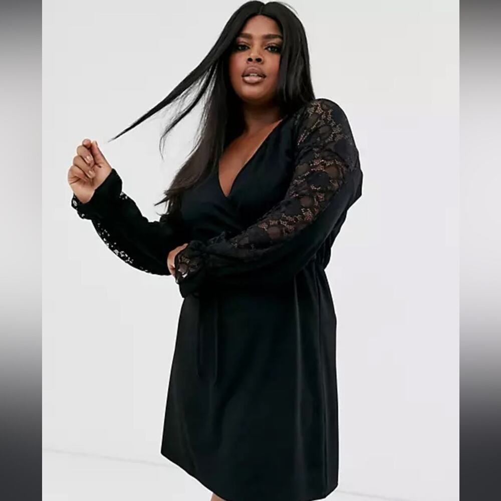 Pink Clove wrap front dress with tie waist and contrast lace in black size 14
